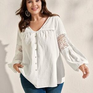 BloomChic White Lace Button-Up Blouse